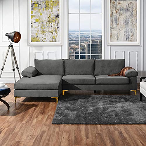 Casa Andrea Milano Modern Sectional Sofa L Shaped Velvet Couch, with Extra Wide Chaise Lounge and Gold Legs, Large, Dark Grey