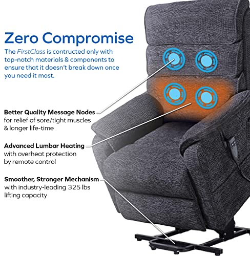 FirstClass™ Sleep-to-Stand Lift Chair 2.0, Perfect Chair for Sleep/Relaxation. True Lay-Flat Sleeping Recliner. 2 Motor for Independent Back and Foot Adjust. Incl Heat/Massage