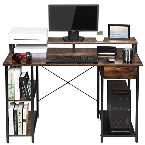 OUTFINE Desk Computer Desk Office Desk with Drawer, Monitor Stand and Storage Shelves