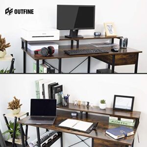 OUTFINE Desk Computer Desk Office Desk with Drawer, Monitor Stand and Storage Shelves