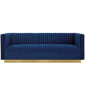 modway sanguine vintage glamour channel tufted performance velvet upholstered sofa in navy