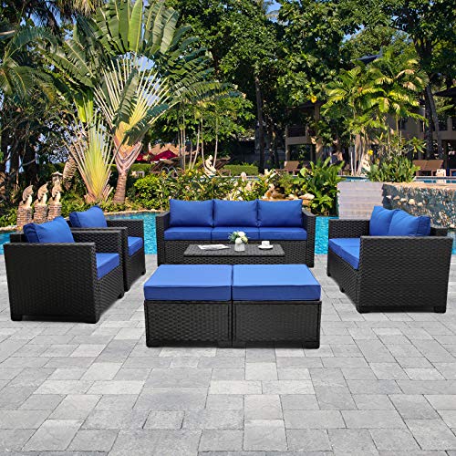 Rattaner Patio PE Wicker Furniture Set 7 Pieces Outdoor Black Rattan Conversation Seat Couch Sofa Chair Set with Royal Blue Cushion and Furniture Covers