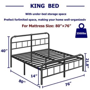 Uliesc 14 Inch King Size Bed Frame with Headboard and Footboard, No Box Spring Needed Heavy Duty Metal Platform, Premium Steel Slat Mattress Foundation with Storage, Noise Free Iron-Art Bed Frame