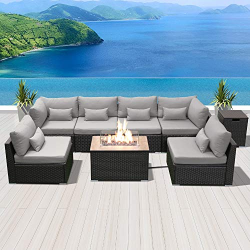 Dineli Patio Furniture Sectional Sofa with Gas Fire Pit Table Outdoor Patio Furniture Sets Propane Fire Pit (Light Gray-Rectangular Table)