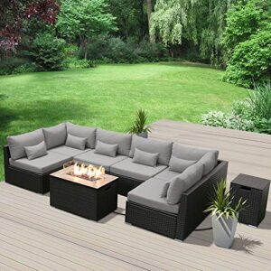 Dineli Patio Furniture Sectional Sofa with Gas Fire Pit Table Outdoor Patio Furniture Sets Propane Fire Pit (Light Gray-Rectangular Table)