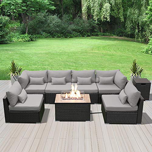 Dineli Patio Furniture Sectional Sofa with Gas Fire Pit Table Outdoor Patio Furniture Sets Propane Fire Pit (Light Gray-Rectangular Table)