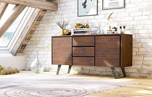 SIMPLIHOME Lowry SOLID ACACIA WOOD 60 inch Modern Industrial Sideboard Buffet and Wine Rack in Distressed Charcoal Brown features 2 Doors, 3 Drawers and 2 Cabinets with Large storage spaces