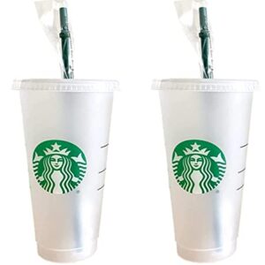 Starbucks 2 Pack Reusable Venti Frosted Cold Cup With Lid and Green Straw w/Stopper, 24 fl.oz.