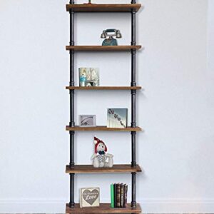 Diwhy 24”Width Industrial Pipe Shelves Rustic Modern Wood Ladder Bookcase with Metal Frame,Pipe Wall Shelf,Wood Storage,Home Decor,Display Shelving,Retro Floating Wood Shelving,6 Layer Bookshelf