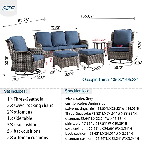 XIZZI Patio Furniture Outdoor Furniture All Weather Wicker 6 PCS Patio Sofa with High Back Swivel Rocking Chairs and Ottomans,Swivel Chairs Grey Rattan Denim Blue