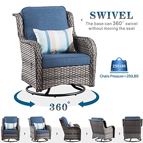 XIZZI Patio Furniture Outdoor Furniture All Weather Wicker 6 PCS Patio Sofa with High Back Swivel Rocking Chairs and Ottomans,Swivel Chairs Grey Rattan Denim Blue