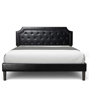 bonsoir bed frame upholstered low profile platform bed with tufted faux leather headboard/no box spring needed/no bed skirt needed (black, queen size)