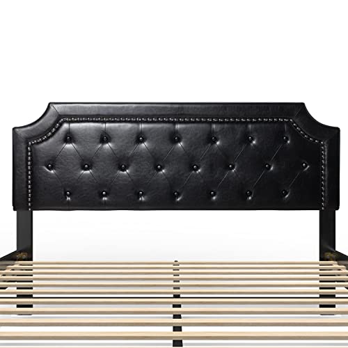 BONSOIR Bed Frame Upholstered Low Profile Platform Bed with Tufted Faux Leather Headboard/No Box Spring Needed/No Bed Skirt Needed (Black, Queen Size)