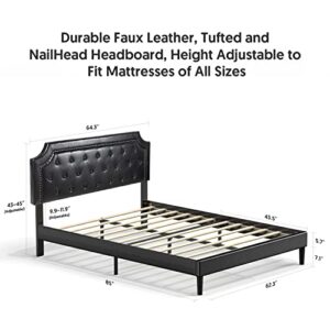BONSOIR Bed Frame Upholstered Low Profile Platform Bed with Tufted Faux Leather Headboard/No Box Spring Needed/No Bed Skirt Needed (Black, Queen Size)