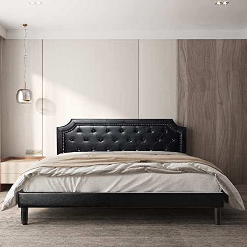 BONSOIR Bed Frame Upholstered Low Profile Platform Bed with Tufted Faux Leather Headboard/No Box Spring Needed/No Bed Skirt Needed (Black, Queen Size)