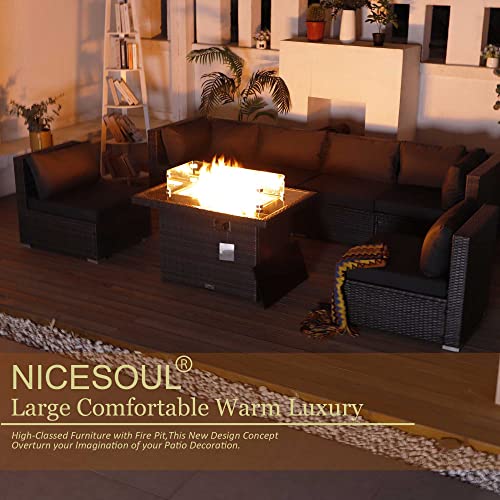 NICESOUL® 118.7''L- High Back Large Size PE Rattan Patio Furniture Sectional Sofa Sets with Cushions Outdoor Wicker Conversation Sets with Fire Pit Table CSA Approved