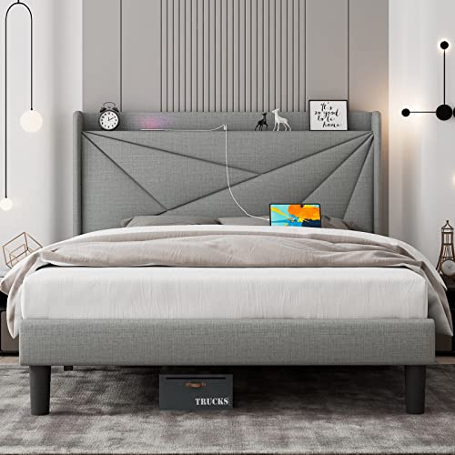 Feonase Queen Size Bed Frame with Type-C & USB Ports, Upholstered Platform Bed Frame with Wingback Storage Headboard, Solid Wood Slats Support, No Box Spring Needed, Noise-Free, Light Gray