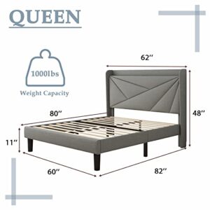 Feonase Queen Size Bed Frame with Type-C & USB Ports, Upholstered Platform Bed Frame with Wingback Storage Headboard, Solid Wood Slats Support, No Box Spring Needed, Noise-Free, Light Gray