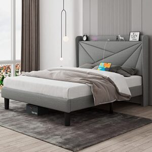 Feonase Queen Size Bed Frame with Type-C & USB Ports, Upholstered Platform Bed Frame with Wingback Storage Headboard, Solid Wood Slats Support, No Box Spring Needed, Noise-Free, Light Gray
