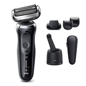 braun electric razor for men, waterproof foil shaver, series 7 7075cc, wet & dry shave, with beard trimmer, rechargeable, clean & charge smartcare center and leather travel case included, black