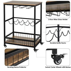 HITHOS Industrial Bar Carts for The Home, Mobile Bar Serving Cart, Wine Cart on Wheels, Beverage Cart with Wine Rack and Glass Holder, Rolling Drink Trolley for Living Room, Kitchen, Rustic Brown