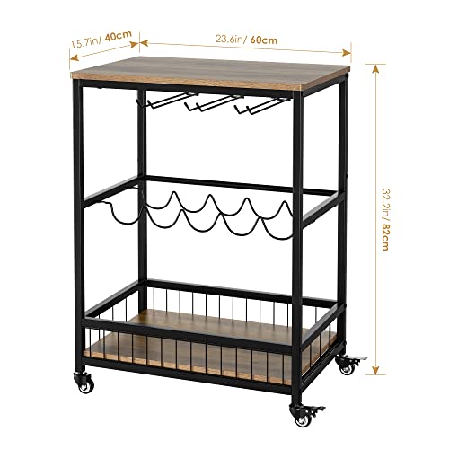 HITHOS Industrial Bar Carts for The Home, Mobile Bar Serving Cart, Wine Cart on Wheels, Beverage Cart with Wine Rack and Glass Holder, Rolling Drink Trolley for Living Room, Kitchen, Rustic Brown