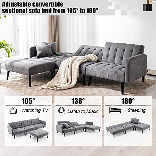 Oyerol Mid-Century Sectional Sofa Bed Convertible Sofa Bed Sleeper, L-Shaped Reversible Sectional Sofa Upholstered Comfy Couches for Living Room Lounge, Split-Back, Removable Armrests-Dark Grey