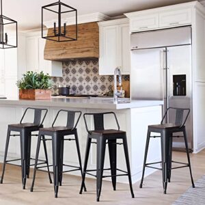 alunaune 24” metal bar stools set of 4 counter height barstools industrial counter stool with wood top (low back,matte black)