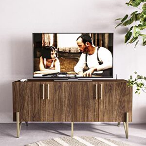 roomfitters 65” wood tv stand, 2 door media console, modern credenza for living room, mid century sideboard buffet cabinet, japandi entertainment center with storage (walnut, gold legs)
