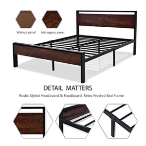 SHA CERLIN 14 Inch Queen Size Metal Platform Bed Frame with Wooden Headboard and Footboard, Mattress Foundation, No Box Spring Needed, Large Under Bed Storage, Non-Slip Without Noise, Mahogany