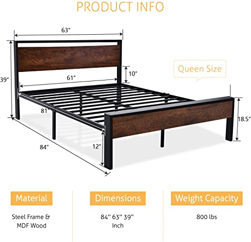 SHA CERLIN 14 Inch Queen Size Metal Platform Bed Frame with Wooden Headboard and Footboard, Mattress Foundation, No Box Spring Needed, Large Under Bed Storage, Non-Slip Without Noise, Mahogany