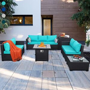 rattaner 6 pcs patio furniture set fire table outdoor furniture sets gas fire pit with outdoor storage box glass coffee table and waterproof covers anti-slip turquoise cushions