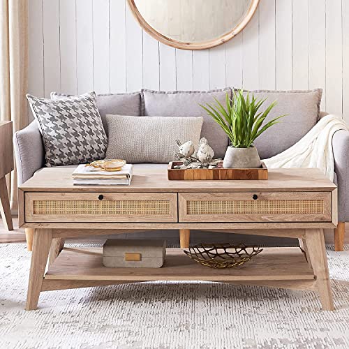 OKD Coffee Table, Mid Century Modern Storage Center Table for Living Room with Natural Rattan Double Sliding Drawers 2-Tier Open Shelf, Easy Assembly, Oak