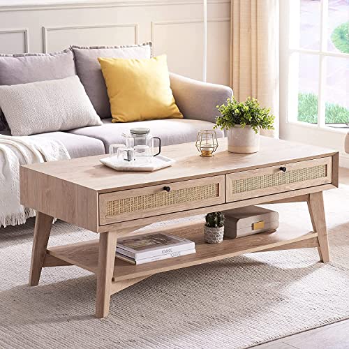 OKD Coffee Table, Mid Century Modern Storage Center Table for Living Room with Natural Rattan Double Sliding Drawers 2-Tier Open Shelf, Easy Assembly, Oak