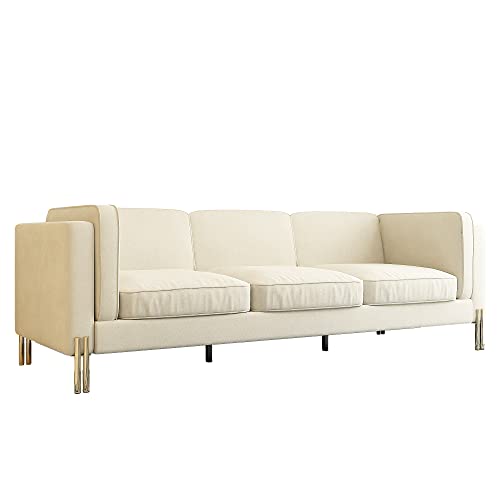 Hommoo 94" W 3 Seat Couch Mid Century Velvet Sofa with Metal Gold Legs Chesterfield with Removable Cushion Comfortable Sofa Couch for Small Apartment Living Room Bedroom Beige