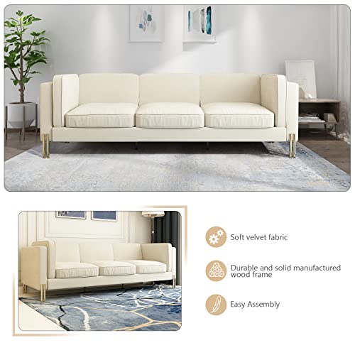 Hommoo 94" W 3 Seat Couch Mid Century Velvet Sofa with Metal Gold Legs Chesterfield with Removable Cushion Comfortable Sofa Couch for Small Apartment Living Room Bedroom Beige