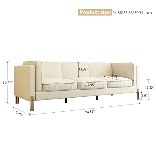 Hommoo 94" W 3 Seat Couch Mid Century Velvet Sofa with Metal Gold Legs Chesterfield with Removable Cushion Comfortable Sofa Couch for Small Apartment Living Room Bedroom Beige