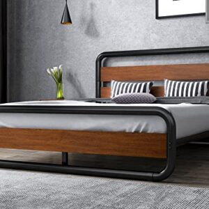 SHA CERLIN King Size Platform Bed Frame with Wooden Headboard and Footboard, Heavy Duty Metal Bed Frame with 10" Under-Bed Storage, Noise-Free, No Box Spring Needed, Walnut