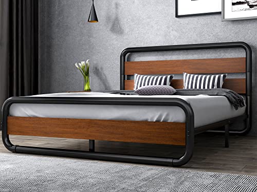 SHA CERLIN King Size Platform Bed Frame with Wooden Headboard and Footboard, Heavy Duty Metal Bed Frame with 10" Under-Bed Storage, Noise-Free, No Box Spring Needed, Walnut