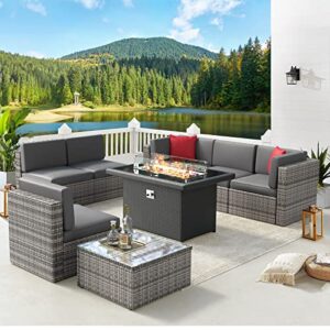 aoxun 8pcs patio furniture set with 44″ black fire pit table outdoor sectional sofa set wicker furniture set with coffee table (grey wicker)