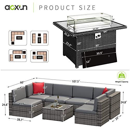 Aoxun 8PCS Patio Furniture Set with 44" Black Fire Pit Table Outdoor Sectional Sofa Set Wicker Furniture Set with Coffee Table (Grey Wicker)