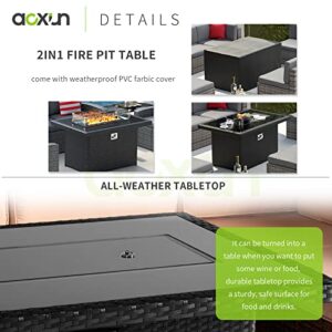 Aoxun 8PCS Patio Furniture Set with 44" Black Fire Pit Table Outdoor Sectional Sofa Set Wicker Furniture Set with Coffee Table (Grey Wicker)