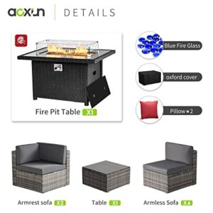 Aoxun 8PCS Patio Furniture Set with 44" Black Fire Pit Table Outdoor Sectional Sofa Set Wicker Furniture Set with Coffee Table (Grey Wicker)