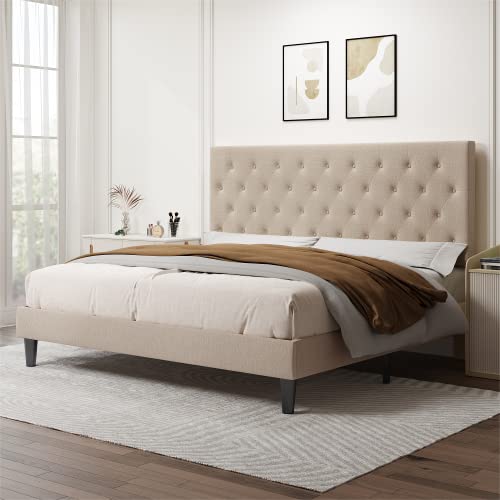 Allewie Queen Bed Frame with Adjustable Headboard/Diamond Stitched Button Tufted/Fabric Upholstered Platform Bed Frame/Wood Slat Support/No Box Spring Needed/Easy Assembly, Beige