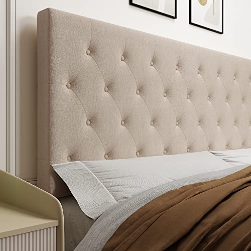 Allewie Queen Bed Frame with Adjustable Headboard/Diamond Stitched Button Tufted/Fabric Upholstered Platform Bed Frame/Wood Slat Support/No Box Spring Needed/Easy Assembly, Beige