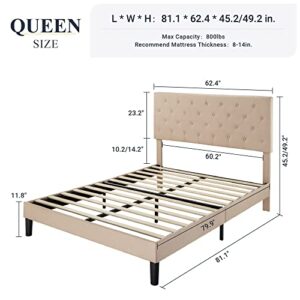 Allewie Queen Bed Frame with Adjustable Headboard/Diamond Stitched Button Tufted/Fabric Upholstered Platform Bed Frame/Wood Slat Support/No Box Spring Needed/Easy Assembly, Beige