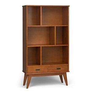 simplihome draper solid hardwood 64 inch x 35 inch mid century modern wide bookcase and storage unit in teak brown with 2 drawers and 3 shelves, for the living room, study and office