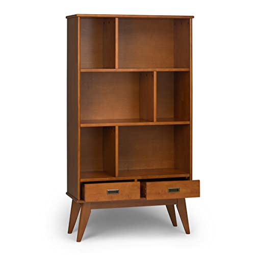 SIMPLIHOME Draper SOLID HARDWOOD 64 inch x 35 inch Mid Century Modern Wide Bookcase and Storage Unit in Teak Brown with 2 Drawers and 3 Shelves, for the Living Room, Study and Office