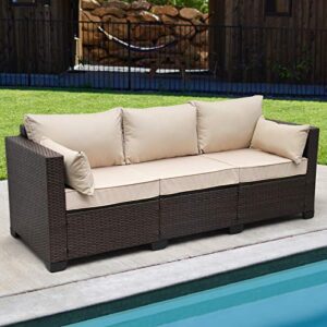 WAROOM Patio Couch PE Wicker 3-Seat Outdoor Brown Rattan Sofa Deep Seating Furniture with Non-Slip Beige Cushion