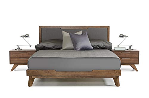 Limari Home Maurice Collection Bedroom Mid-Century Veneer Finished & Fabric Upholstered Bed, California King, Gray, Walnut